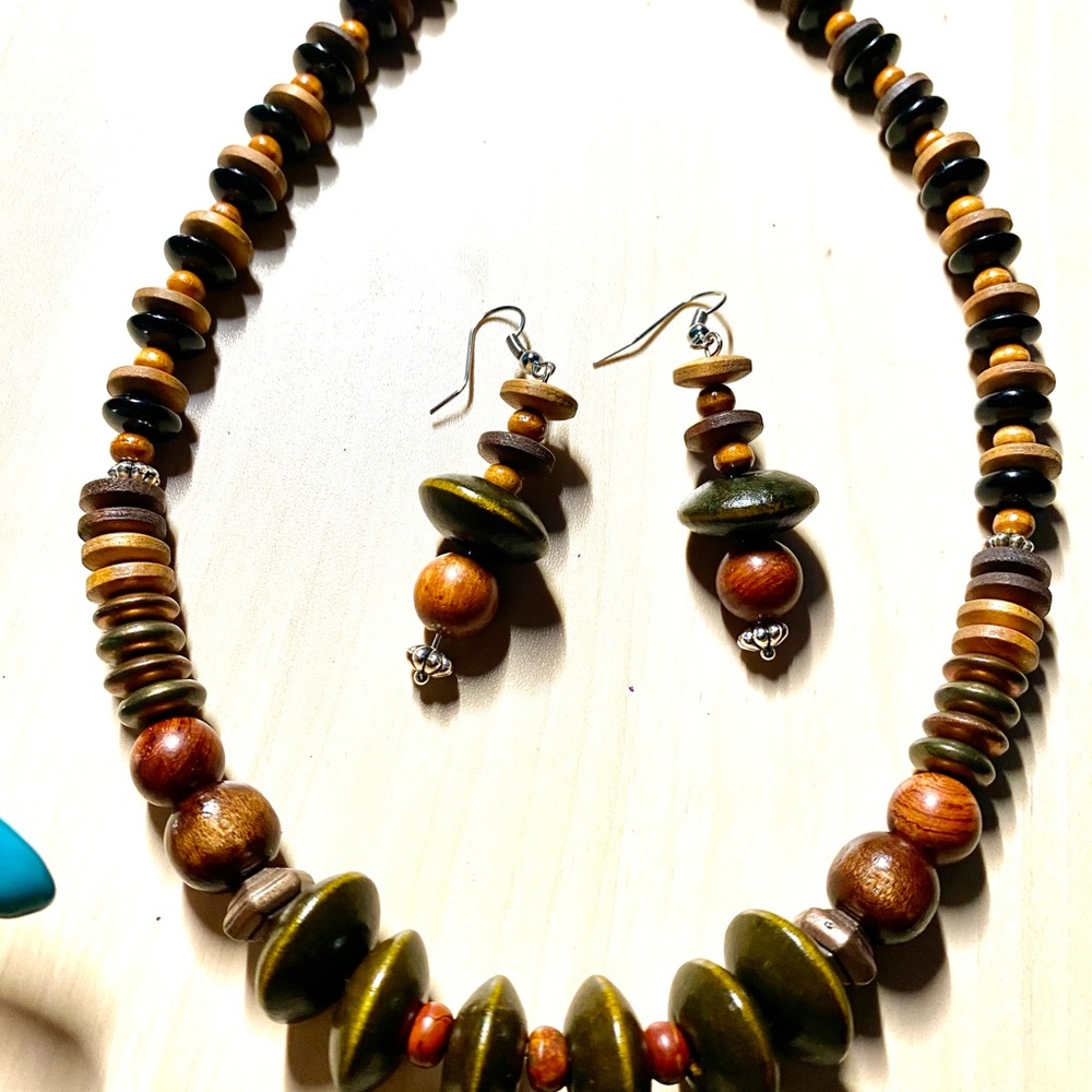 Rustic Brown and Green Beaded Necklace with earrings